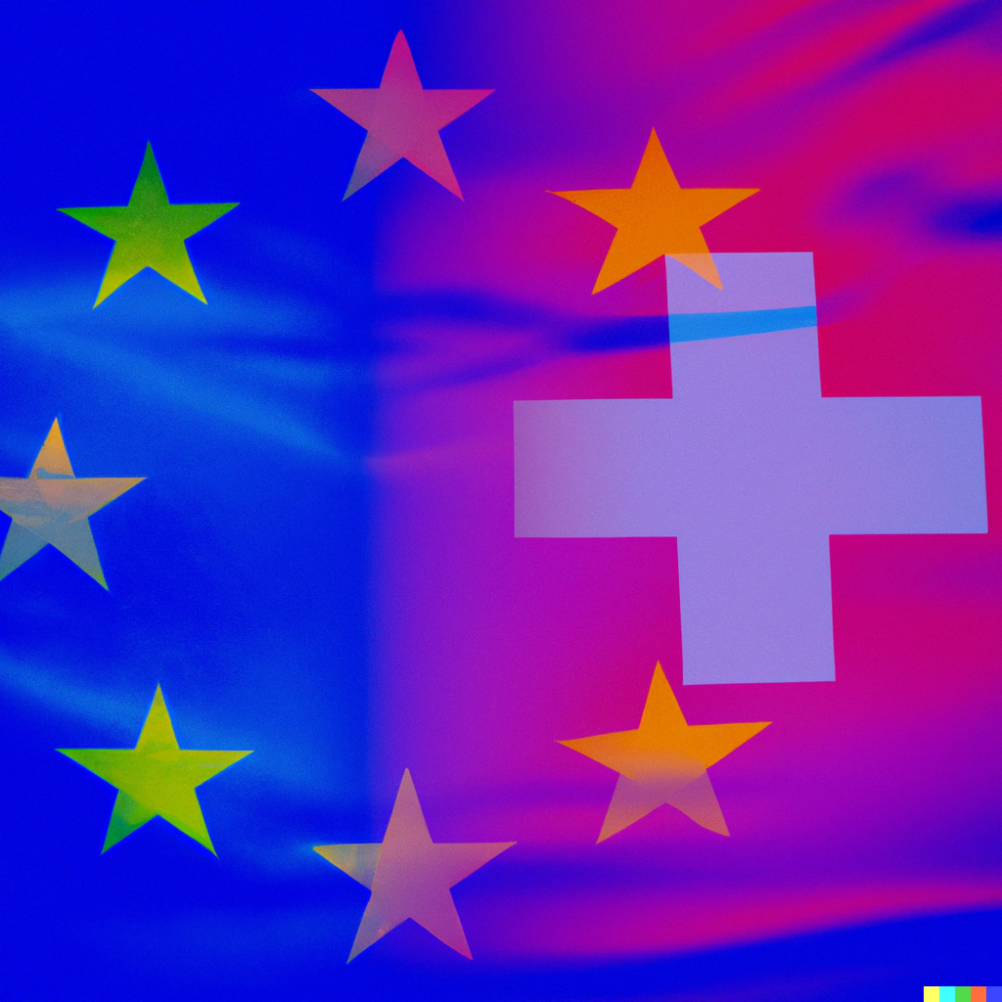 Bereit für revDSG? DALLE 2023 08 30 18 07 03 european and swiss flag in the style of vaporwave