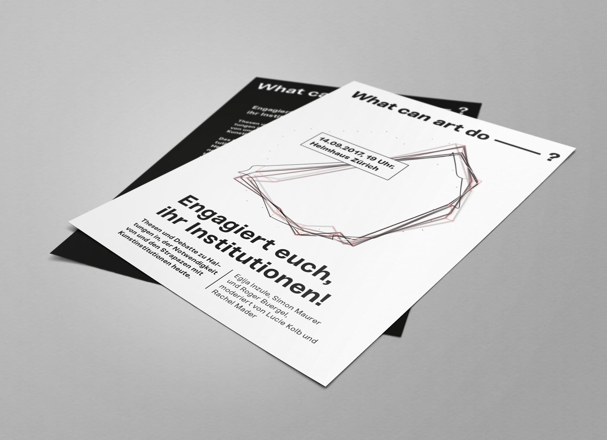 What can art do? Zwei Flyer Schwarz Weiss mit Visual für eine Veranstaltung des Kunstforschungsprojekts What can art do?